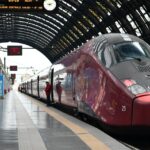 Modern high-speed train at Milano Centrale Railway Station in Italy.